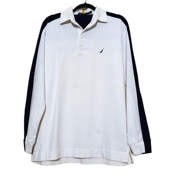 Nautica Mens Spellout Longsleeve White Rugby Shirt Size Medium Y2K Heavy Fabric - Picture 1 of 14